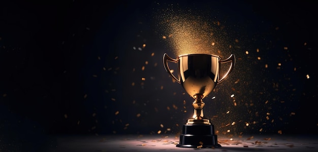 Trofeo de ganador de IA generativo con llamas copa de campeón de oro con confeti cayendo sobre fondo oscuro