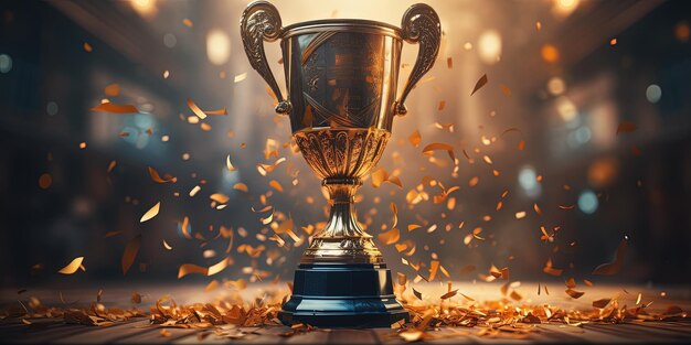 Un trofeo de ganadores con confeti de celebración y brillo en un estadio deportivo Concepto de equipo ganador