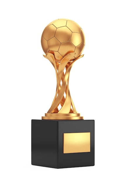 Trofeo de Oro con Balón de Fútbol de Oro en un fondo blanco Rendering 3D