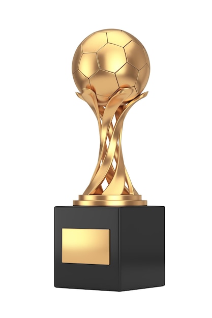 Trofeo de Oro con Balón de Fútbol de Oro en un fondo blanco Rendering 3D