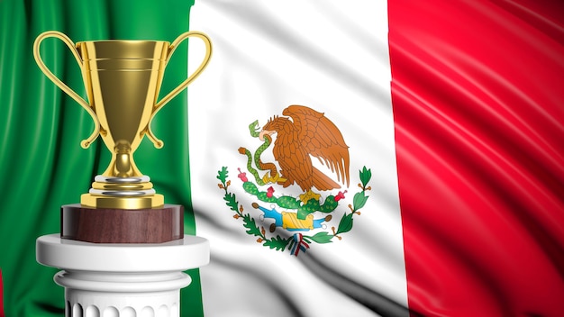 Trofeo de oro con bandera mexicana en segundo plano.