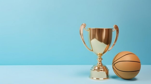 Un trofeo de oro y una bola de oro sobre una mesa azul.