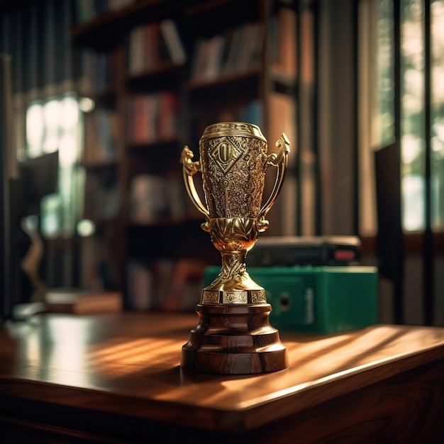 Trofeo de oro campeón colocado en mesa de madera Ai generativo