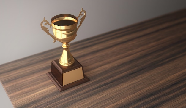 Trofeo de oro de campeón de representación 3D colocado en la mesa