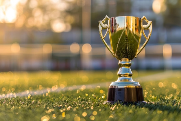 Trofeo de oro en el fondo de un campo de fútbol IA generativa