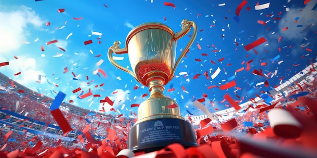 Trofeo de oro en el fondo del cielo azul del estadio Copa de campeón de competición deportiva IA generativa