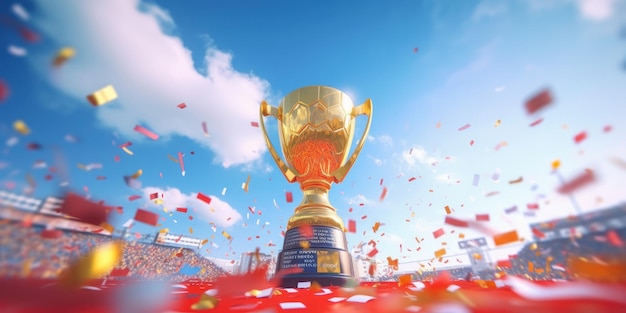 Foto trofeo de oro en el fondo del cielo azul del estadio copa de campeón de competición deportiva ia generativa