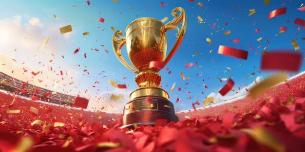 Trofeo de oro en el fondo del cielo azul del estadio Copa de campeón de competición deportiva IA generativa