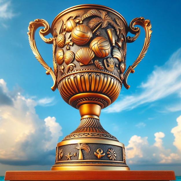 Trofeo de oro con intrincados diseños de voleibol y conchas