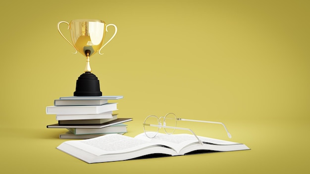 Foto trofeo de oro en la pila de libros ilustración 3d render