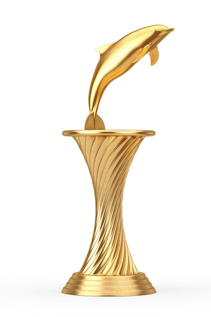 Trofeo de oro del premio Tursiops truncatus océano o mar delfín mular sobre un fondo blanco. Representación 3D