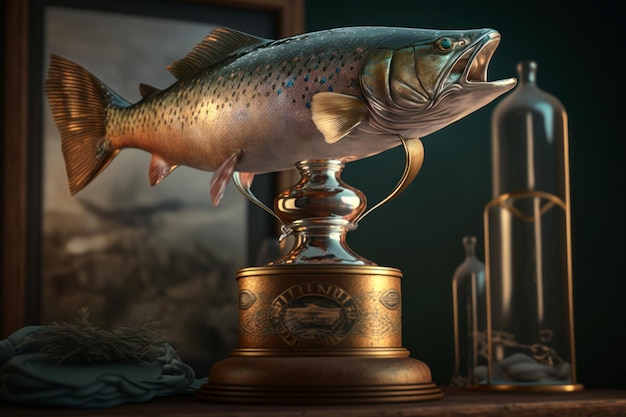 Foto trofeo de pesca copa con pescado en un soporte ia generativa