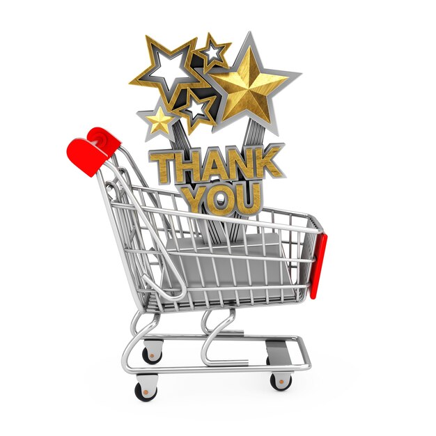 Trofeo de premio con Golden Thank You Sign in Shopping Cart Trolley sobre un fondo blanco. Representación 3D