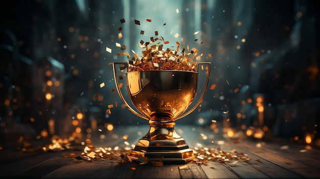 El trofeo del primer premio de oro con confeti cayendo