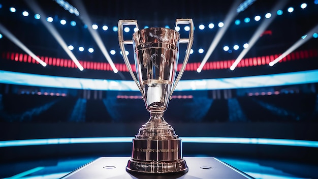 un trofeo se sienta en un pedestal en un estadio