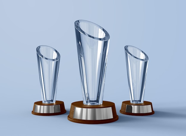 Trofeos de cono de vidrio sobre fondo azul. Trofeos De Cono Aislado. representación 3d