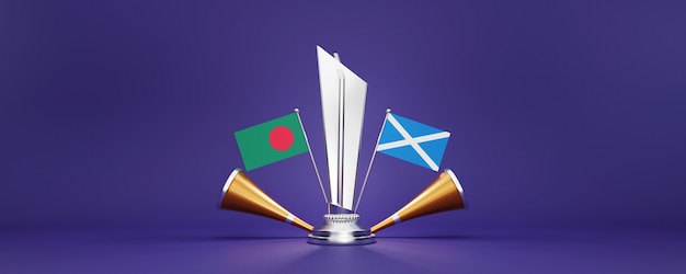 Troféu 3D de prata com as bandeiras dos países participantes de Bangladesh vs Escócia, Vuvuzela dourada e espaço de cópia.