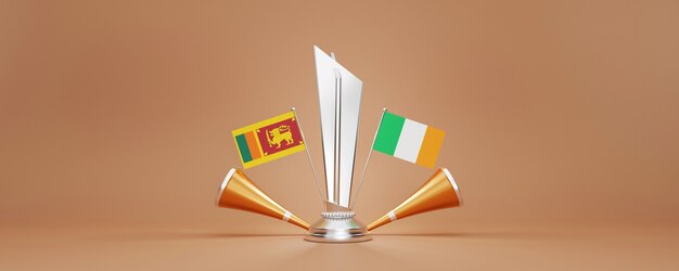 Troféu 3D de prata com as bandeiras dos países participantes do Sri Lanka x Irlanda, Vuvuzela dourada e espaço de cópia.