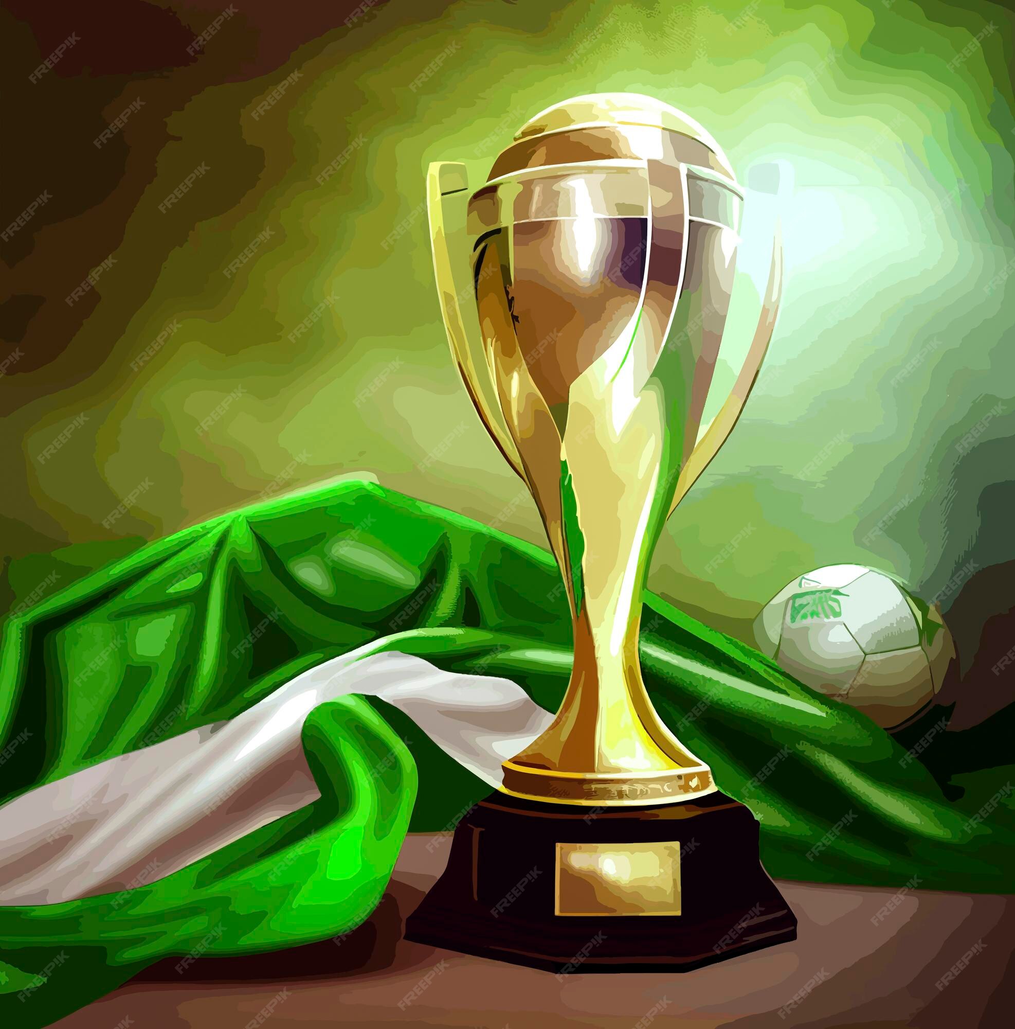 Troféu da copa do mundo de futebol com a bandeira da arábia saudita