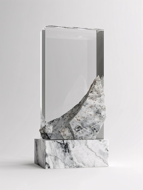 Troféu de cristal em um pedestal de mármore Rendering 3D de um prêmio de acrílico claro Design de placa transparente em branco modelo para o primeiro prêmio isolado em um fundo branco