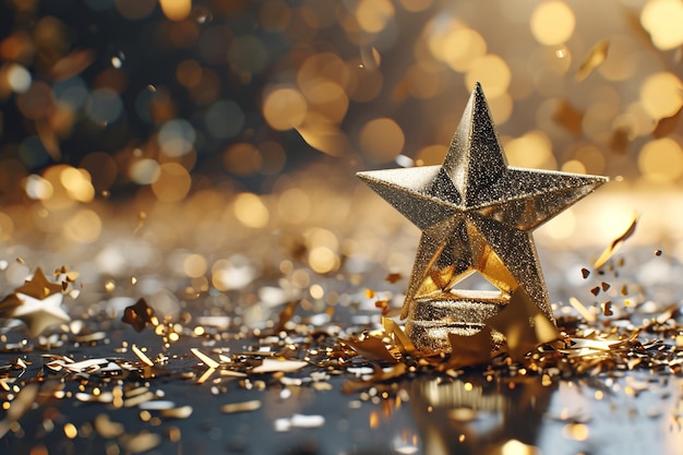 Troféu de estrela dourada 3d no fundo textura de confete em fundo preto