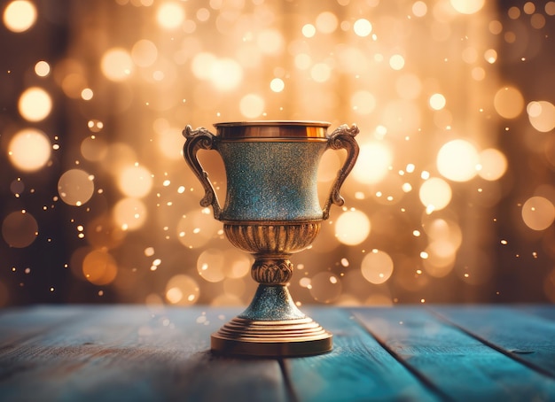 Troféu de ouro campeão colocado na mesa de madeira com espaço de cópia de fundo escuro pronto para o seu conceito de vitória de design