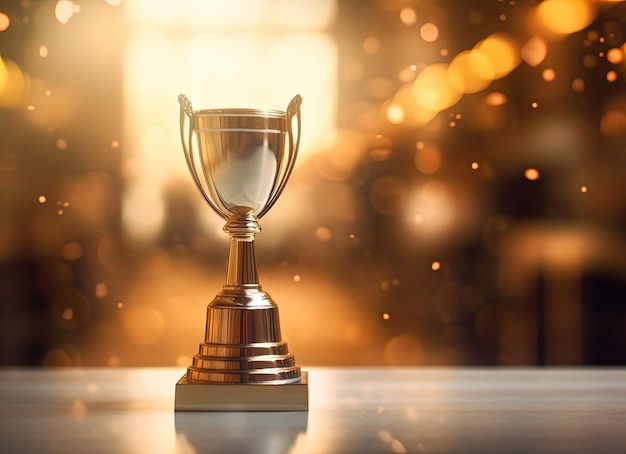 Troféu de ouro campeão colocado na mesa de madeira com espaço de cópia de fundo escuro pronto para o seu conceito de vitória de design