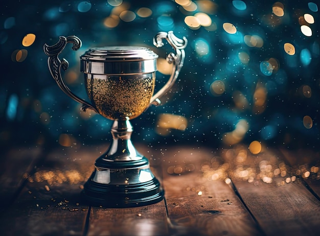 Troféu de ouro campeão colocado na mesa de madeira com espaço de cópia de fundo escuro pronto para o seu conceito de vitória de design