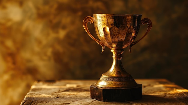 Troféu de ouro com uma velha pátina em uma mesa de madeira