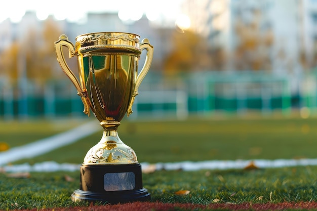 Troféu de ouro no fundo de um campo de futebol IA geradora