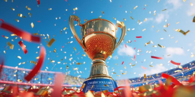 Foto troféu de ouro no fundo do céu azul do estádio copa do campeão da competição esportiva generative ai