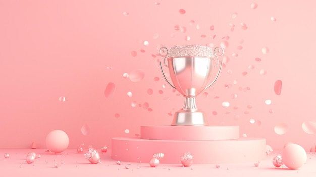 Troféu de prata dos vencedores da taça de campeão em um pódio de vitória em fundo rosa com negócios de espaço de cópia