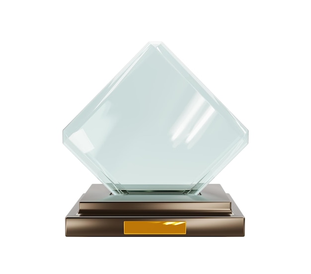 Troféu de prêmio de vidro ou prêmio vencedor na vista frontal do pedestal de madeira Maquete placa de cristal em branco ou copo de losango de moldura acrílica de diamante claro isolado no fundo branco Ilustração realista 3d render