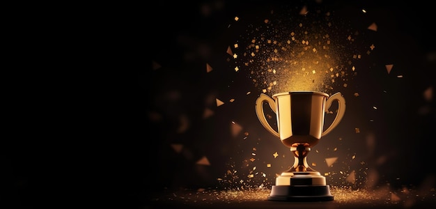 Troféu de vencedor de IA generativa com copo de campeão dourado de chamas com confete caindo em fundo escuro