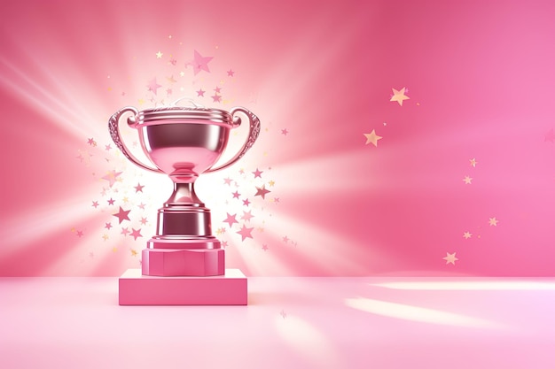 Troféu de vencedor de IA generativa com taça de campeão dourado rosa de chamas com confete caindo