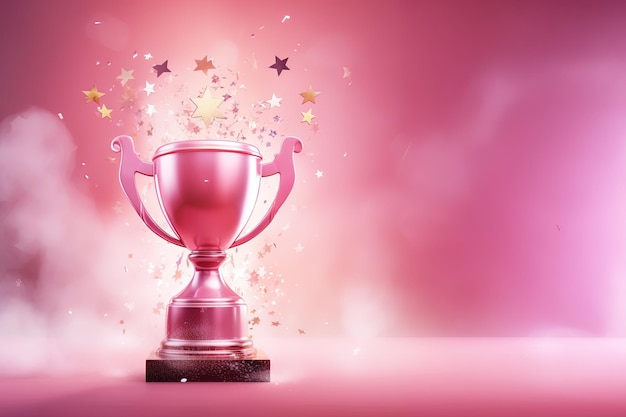 Troféu de vencedor de IA generativa com taça de campeão dourado rosa de chamas com confete caindo