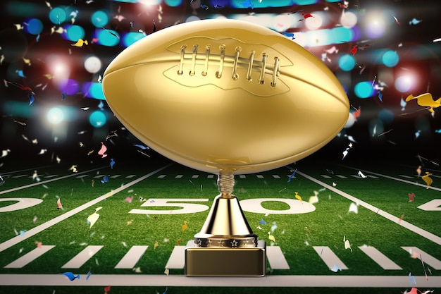 Foto troféu dourado de futebol americano de renderização 3d com fundo de campo de futebol
