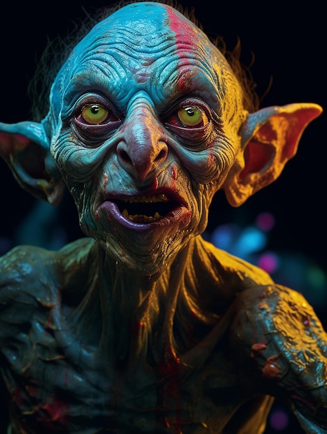 Un troll espeluznante con ojos verdes y cara azul está frente a un fondo oscuro.