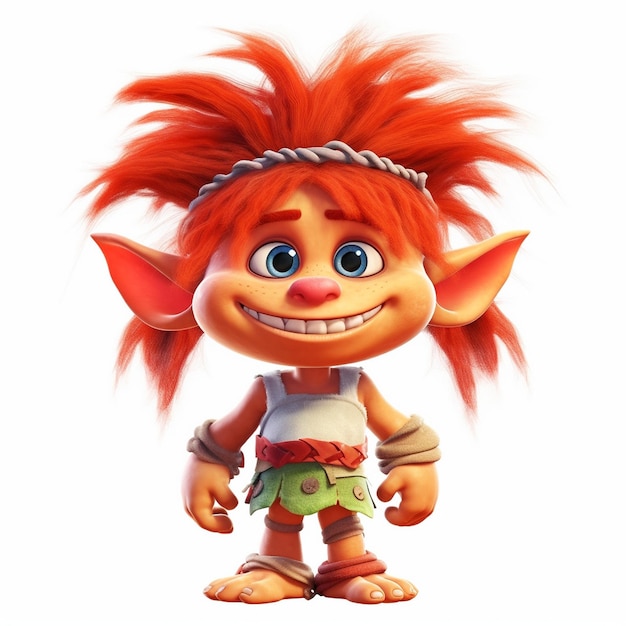 Troll hembra linda clip de cabello naranja en el estilo de Pixar fondo blanco