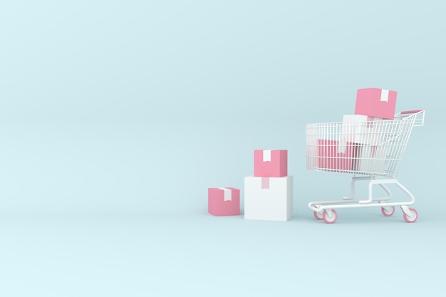 Trolley Shopping 3D-Rendering-Hintergrund für Marketingkonzept