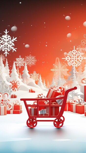 Trolley de tiendas de Navidad fondo de nieve rojo y blanco color copia espacio generativo ai