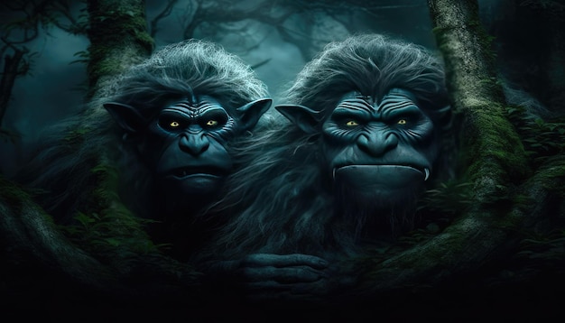 Trolls à espreita em uma floresta sombria, suas formas gigantescas adicionando um elemento de mistério e perigo AI ge