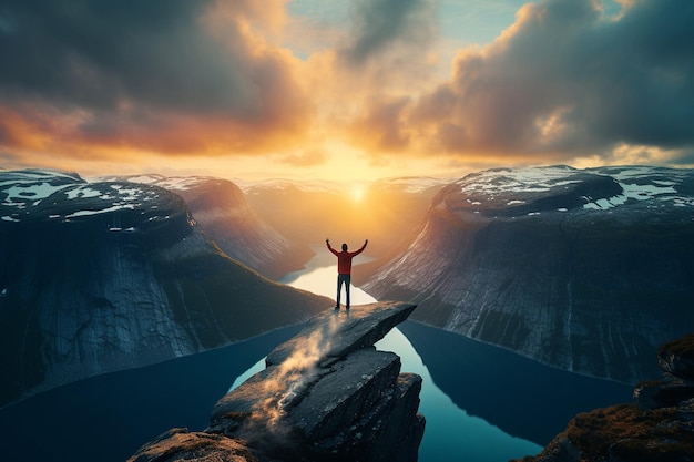 Foto trolltunga na noruega com um homem que abriu os braços