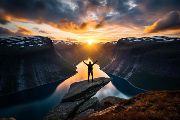 Foto trolltunga na noruega com um homem que abriu os braços