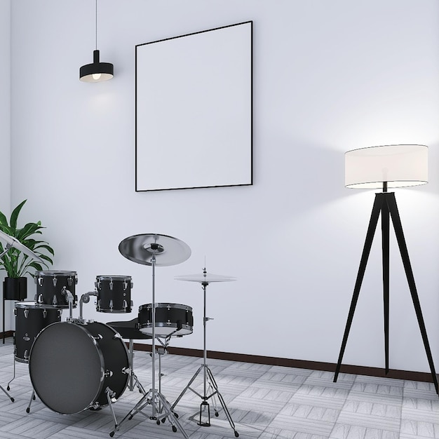 Trommelband im minimalen Musikraum mit weißem Hintergrund der Stehlampe des leeren Plakatrahmenmodells