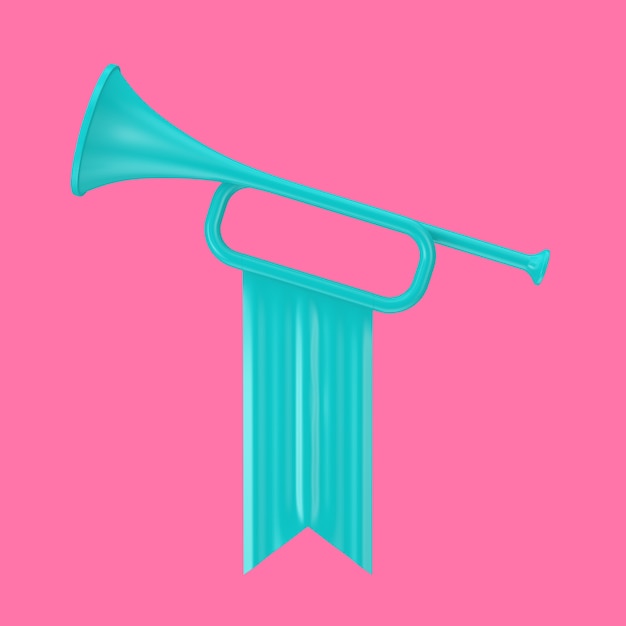 Trompeta Fanfarria Azul con Bandera en Estilo Duotono sobre fondo rosa. Representación 3D