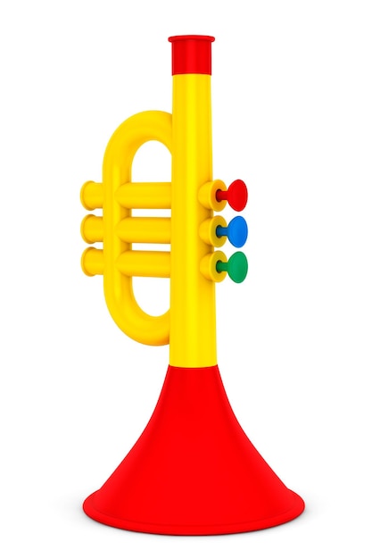 Foto trompeta infantil de juguete sobre un fondo blanco.