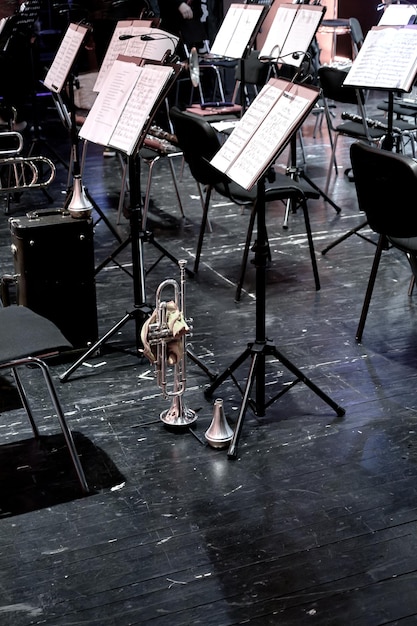 La trompeta y el mudo están en el escenario durante un intervalo en un teatro