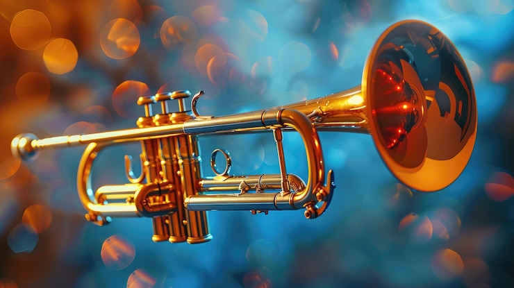 Foto trompete im gestreiften hintergrund perfekt für jazz soul und orchester konzertveröffentlichungen beinhaltet