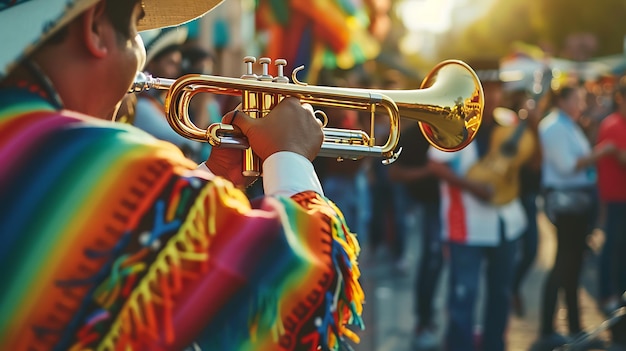 Un trompetista con un sombrero y un colorido poncho actúa en un festival callejero